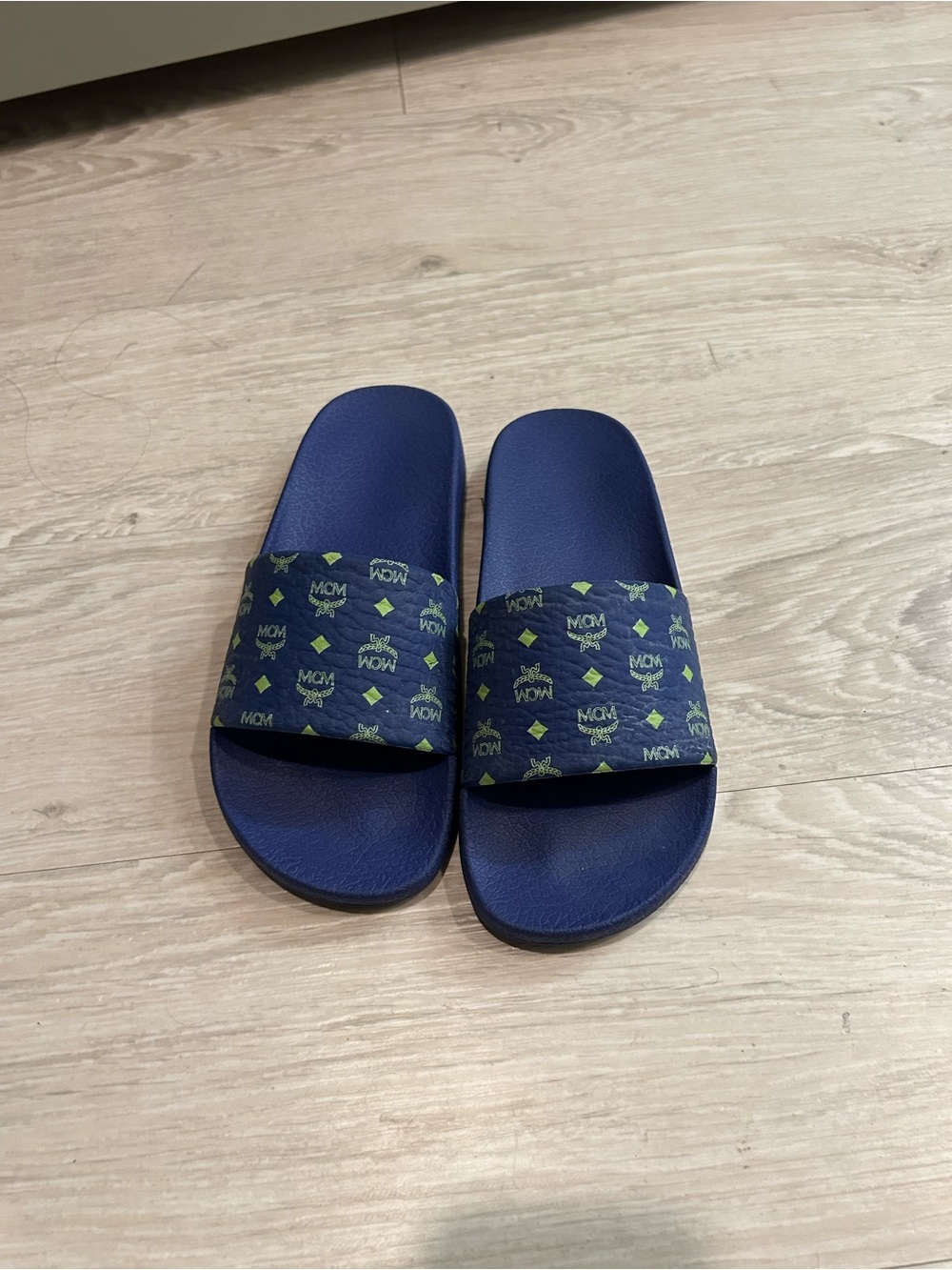 MCM Navy Slides with Green Logo Print